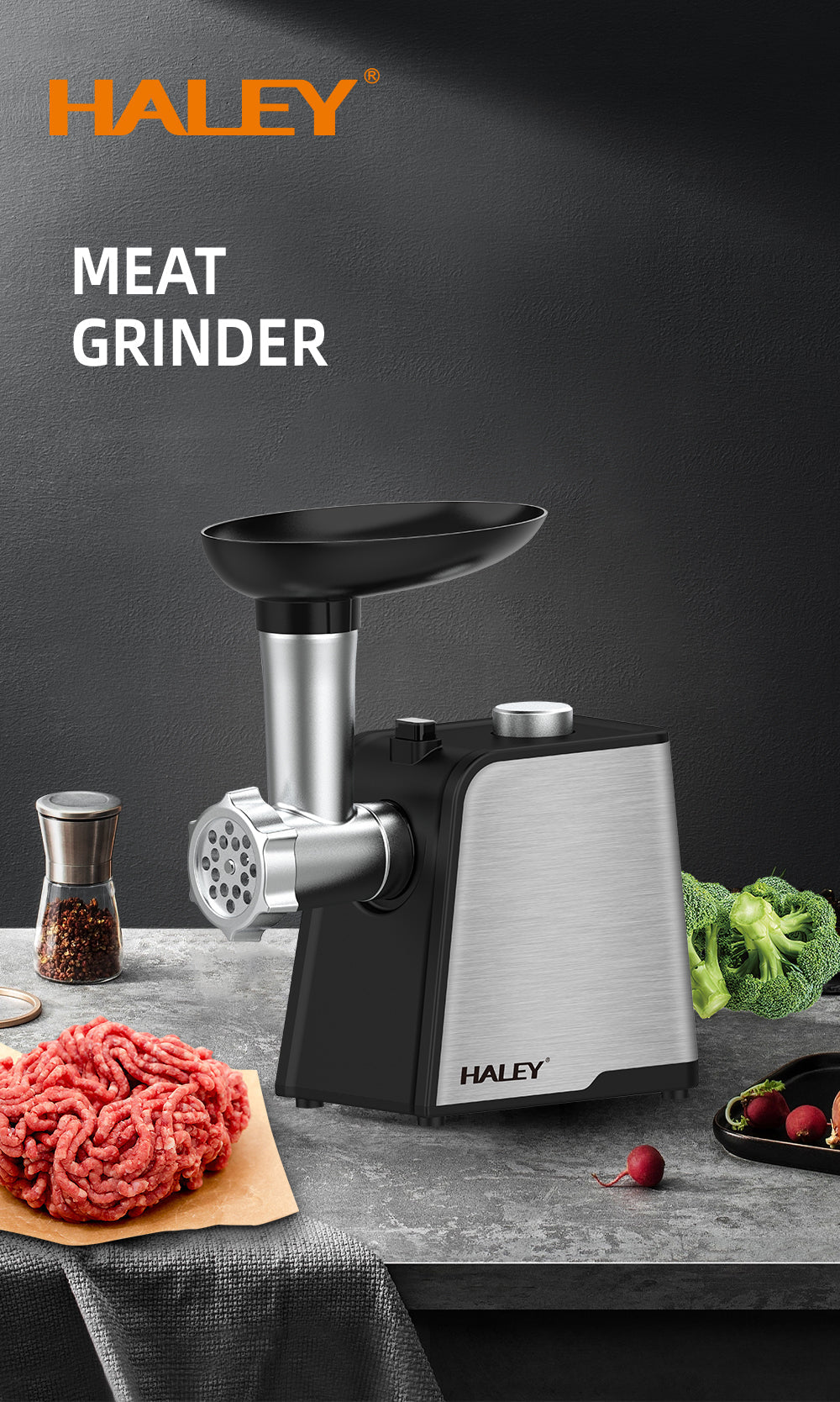 Mașină de Tocat Carne HALEY 2000W, Oțel Inoxidabil, Cutter cu Torsiune Mare, Ușor de Curățat, Port Mare pentru Alimentare